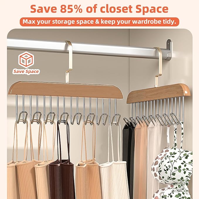 2 Pcs Tank Top Hanger,Tie Racks for Closet, Wooden Hangers with 8 Hooks Space Saving, Closet Organizers and Storage for Bras Camis Belts Ties