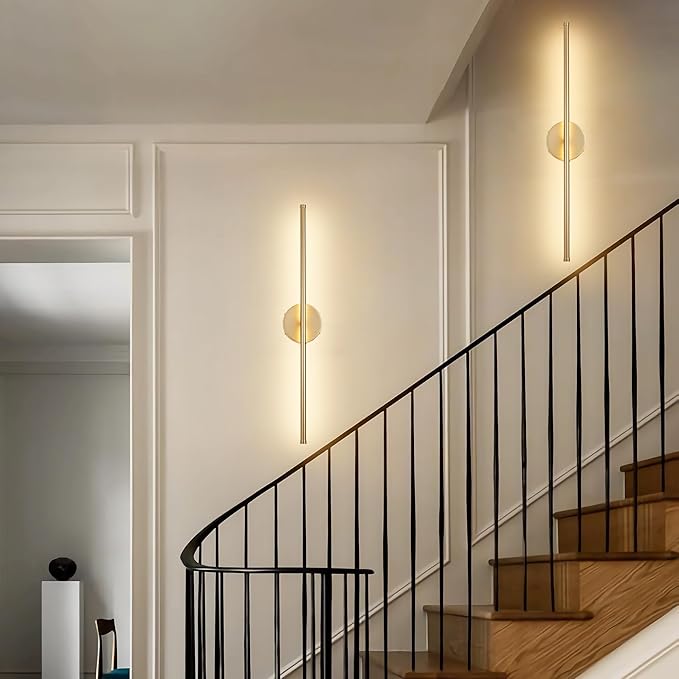 Battery Operated Wall Sconces, Dimmable Wall Sconces Set of Two, 350°Rotate, 3000K LED Gold Wireless Wall Light for Living Room, Bedroom, Hallway, 24.4 Inch (2 Pack)