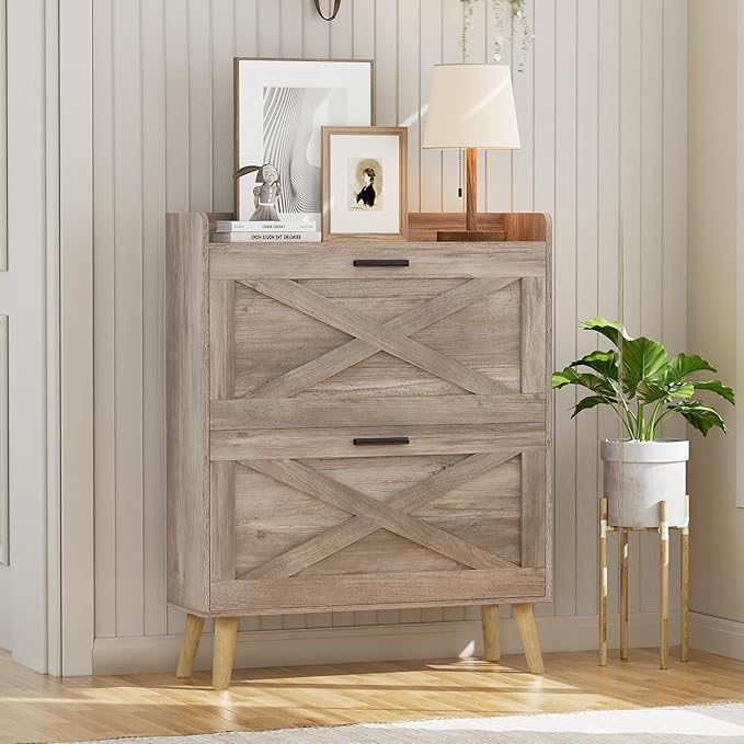 32" W Farmhouse Shoe Storage Cabinet with 2 Flip Drawers and Barn Door Design, Adjustable Shelves, Modern Hidden Slim Narrow Shoe Rack Cabinet for Entryway, Foyer, Hallway, Living Room,Greige