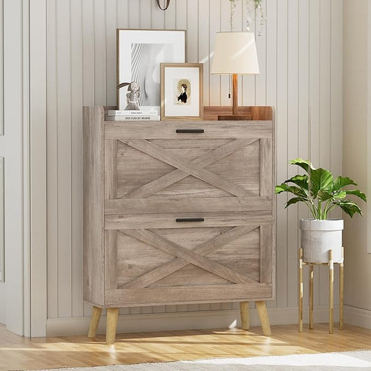 32" W Farmhouse Shoe Storage Cabinet with 2 Flip Drawers and Barn Door Design, Adjustable Shelves, Modern Hidden Slim Narrow Shoe Rack Cabinet for Entryway, Foyer, Hallway, Living Room,Greige