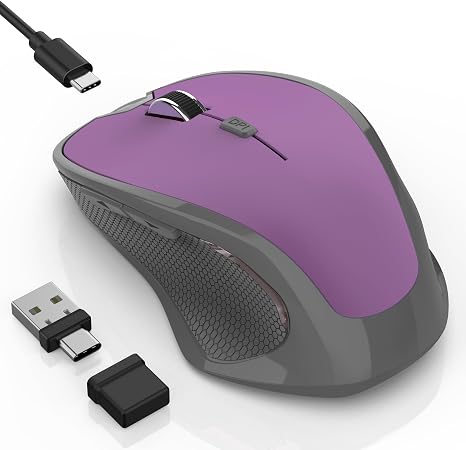 Wireless Mouse Jiggler - Ergonomic Bluetooth Mice with Mouse Mover for Keeps Computers Awake, 3 DPI Levels Rechargeable 2.4G USB-C Computer Mice for MacBook Air/Mac Pro/iPad/Laptop/PC, Purple