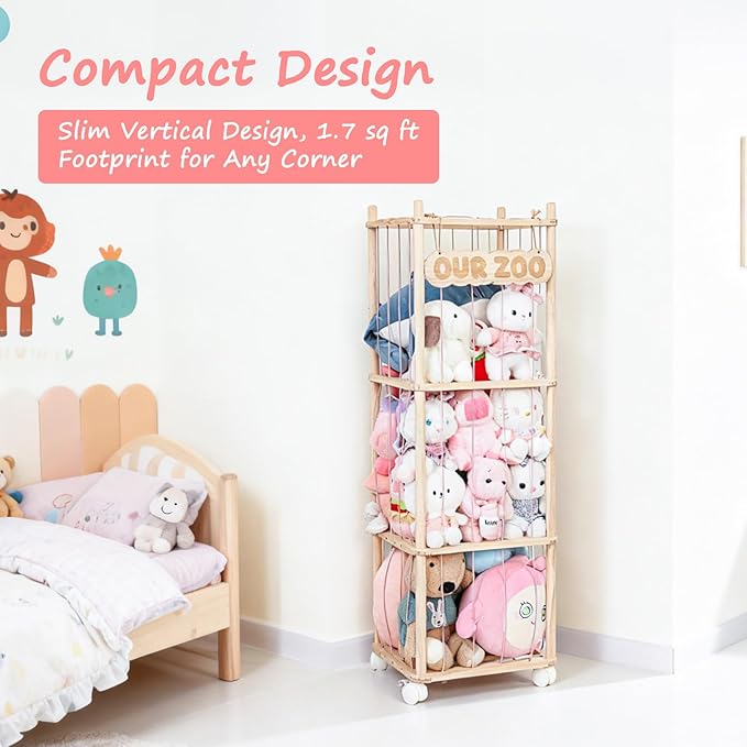 Stuffed Animal Storage with Removable Fabric Bins & Locking Wheels, 2-in-1 Wooden Toy Organizer and Display Shelf Space Saving for Playroom, Bedroom, Nursery
