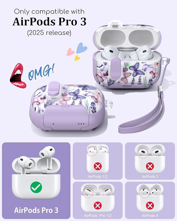 TATOFY for AirPod Pro 3 Case (2025) with Phone Stand Lanyard Lock Cleaning Kit, Compatible with Magsafe, Flowers Hard AirPods Pro 3rd Generation Cover for Women (Butterfly, AirPods Pro 3)