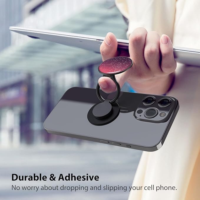 Phone Grip Holder, Phone Ring Holder Finger Kickstand, Adjustable Metal Cell Phone Rings Gripper Stand Work with Magnetic Car Mount for iPhone Samsung &Other Phones - Sky Red