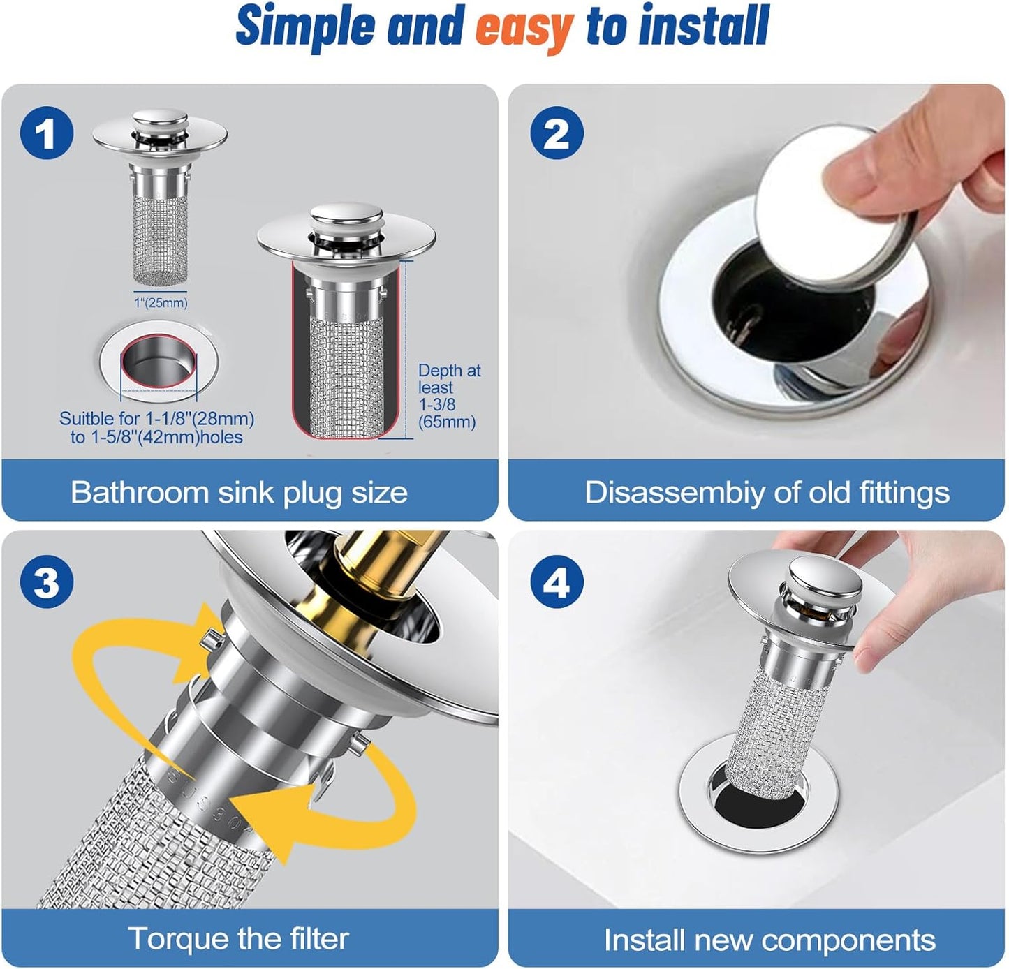 Techloop Living Pop-Up Sink Drain Strainer Hair Catcher – 2PCS Stainless Steel Filter Basket