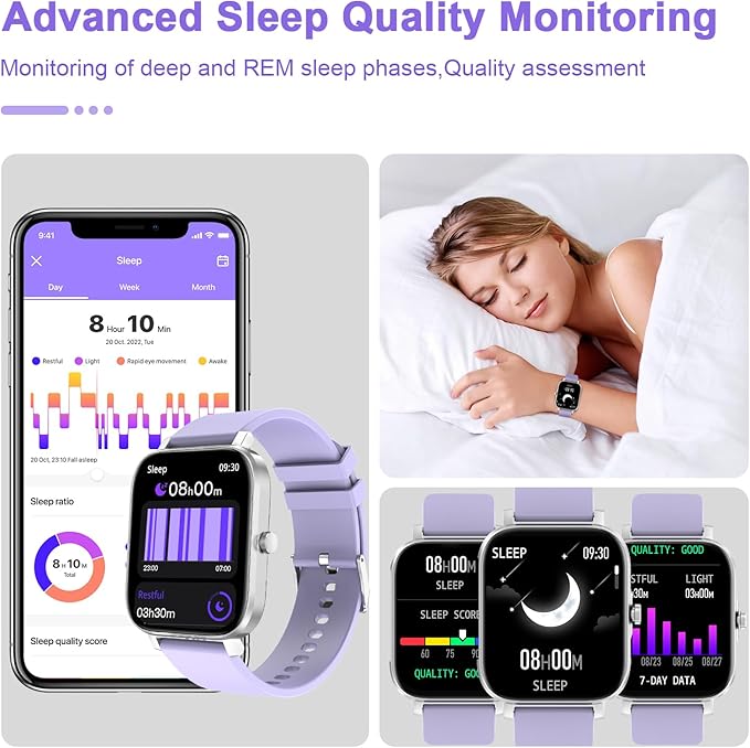 Smart Watch for Men Women Compatible with iPhone Samsung Android Phone 1.69 inch Full Touch Screen IP68 Waterproof Bluetooh Fitness Tracker Heart Rate/Sleep Monitor (Purple)