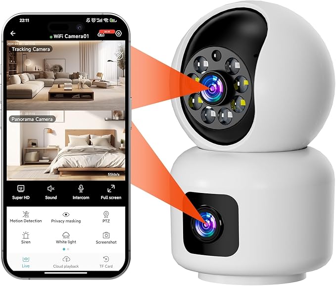 Hawkray 360° Dual Lens Smart Security Camera,2K HD Camera,Support 2.4G/5G,Dual-Band WiFi,Color Night Vision,Motion Detection for Baby and Pet Monitoring,Support Cloud and SD Card Storage.