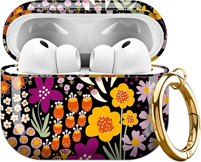 AirPod Pro 3 (2025) Case Cover for Women, Cute Shockproof TPU Protective Case with Gold Round Buckle, Anti-Drop Design Boho Flower