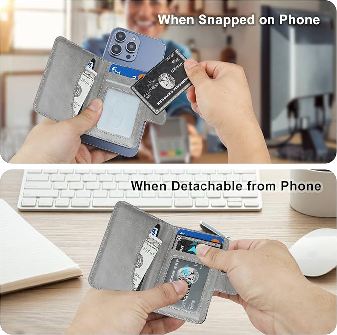 Bocasal for MagSafe Wallet Magnetic Card Holder, RFID Blocking Leather Card Slots for iPhone 17/16/15/14/13/12 Pro/Max/Plus/Air, Adjustable Kickstand Flip Mag Safe Wallet (Grey)