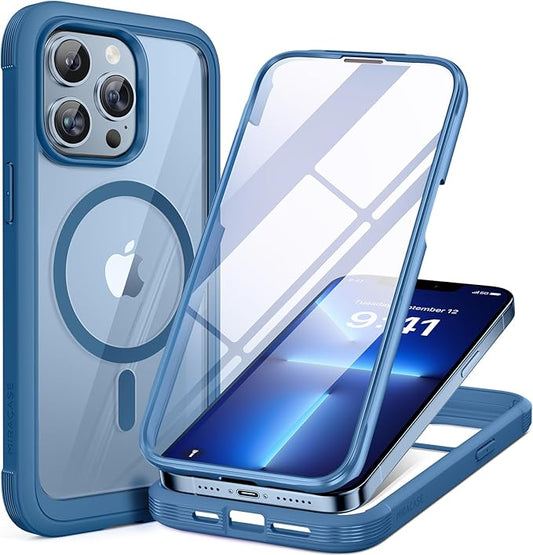 Miracase Magnetic for iPhone 13 Pro Max Case 6.7 inch, (Compatible with MagSafe) Upgrade Full-Body Clear Phone Bumper Case with Built-in 9H Tempered Glass Screen Protector, Magnetic Capri Blue