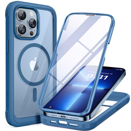 Miracase Magnetic for iPhone 13 Pro Max Case 6.7 inch, (Compatible with MagSafe) Upgrade Full-Body Clear Phone Bumper Case with Built-in 9H Tempered Glass Screen Protector, Magnetic Capri Blue