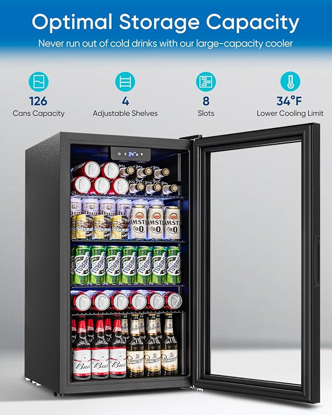 3.2 Cu.Ft Mini Fridge with Glass Door - 126 Can Beverage Refrigerator Cooler for Drink Beer Wine Soda, Small Fridge for Bedroom Office Bar Dorm, 4 Adjustable Shelves, Black