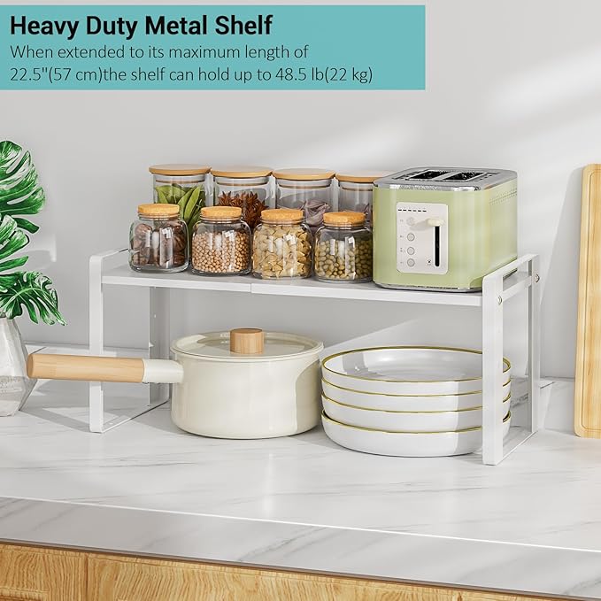 Expandable Kitchen Cabinet Organizer Shelves, Heavy Duty Metal Pantry Organizers, Adjustable Cabinet Shelf for Cupboard, Pantry & Under Sink Space Saver, White, Patent Pending