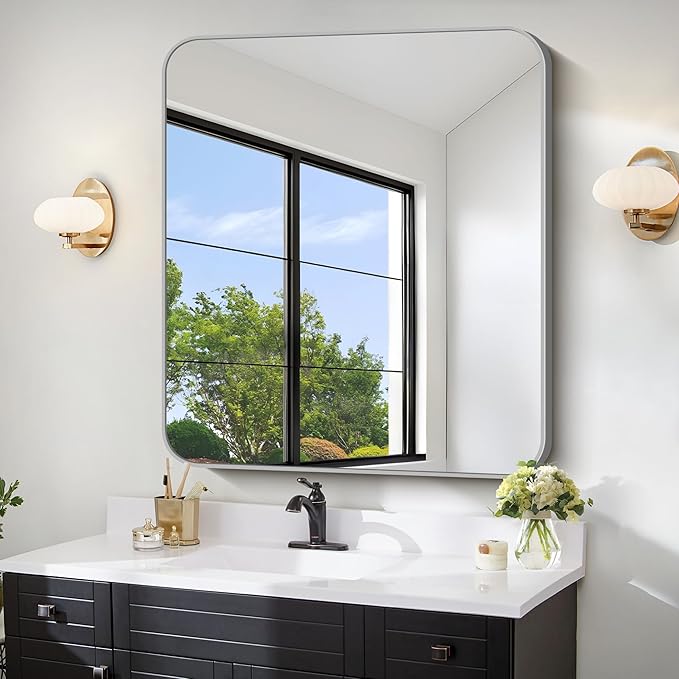 FORBATH 40x36 Inch Silver Bathroom Mirror for Over Sink, Large Rectangular Wall Mirror with Metal Frame, Rounded Corners for Bathroom, Bedroom, Entryway Decor (Horizontal or Vertical)