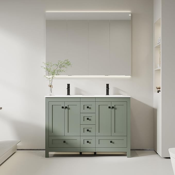 eclife 48" Bathroom Vanities with Sink Combo, Modern Thickened Wood Bathroom Storage Cabinet w/Undermount Double Sink, Matte Black Faucet Drain, Painted Surface, Green