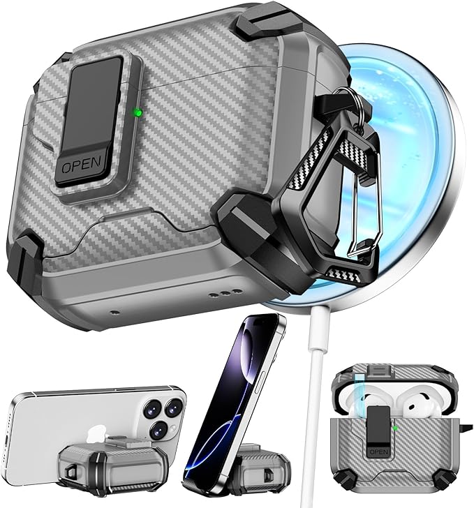 Compatible with AirPods 4 Case,Magnetic Automatic Lock with Phone Stand & Cleaning Kit,Compatible with Magsafe,Carbon Fiber Texture Cover -Gray