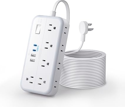 Flat Extension Cord 15 FT, NTONPOWER Long Power Strip with 10 Widely Outlets 4 USB Ports (2 USB C), 3 Side, 2700J, Wall Mount Multiple Outlets for Home Office, White, SurgePro