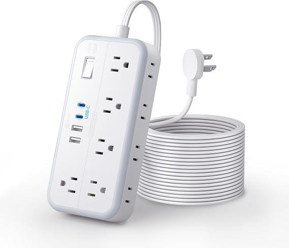 Flat Extension Cord 15 FT, NTONPOWER Long Power Strip with 10 Widely Outlets 4 USB Ports (2 USB C), 3 Side, 2700J, Wall Mount Multiple Outlets for Home Office, White, SurgePro