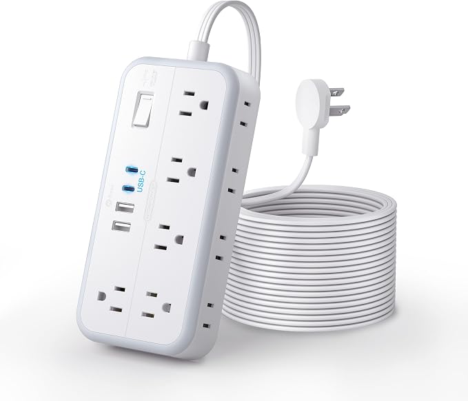 Flat Extension Cord 15 FT, NTONPOWER Long Power Strip with 10 Widely Outlets 4 USB Ports (2 USB C), 3 Side, 2700J, Wall Mount Multiple Outlets for Home Office, White, SurgePro