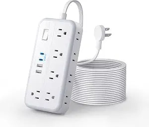 Flat Extension Cord 15 FT, NTONPOWER Long Power Strip with 10 Widely Outlets 4 USB Ports (2 USB C), 3 Side, 2700J, Wall Mount Multiple Outlets for Home Office, White, SurgePro