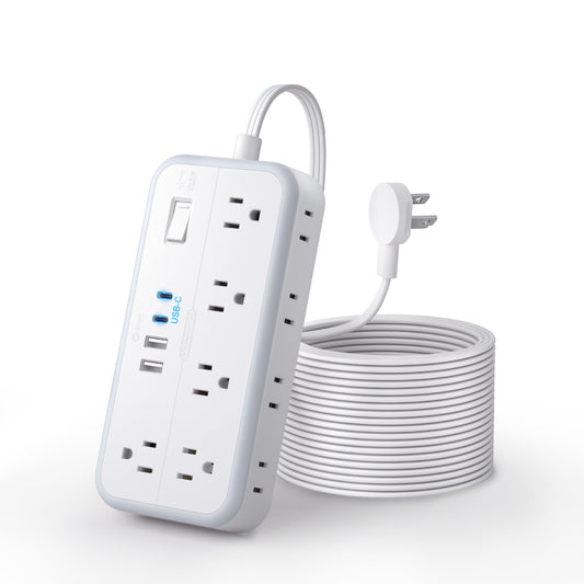 Flat Extension Cord 15 FT, NTONPOWER Long Power Strip with 10 Widely Outlets 4 USB Ports (2 USB C), 3 Side, 2700J, Wall Mount Multiple Outlets for Home Office, White, SurgePro