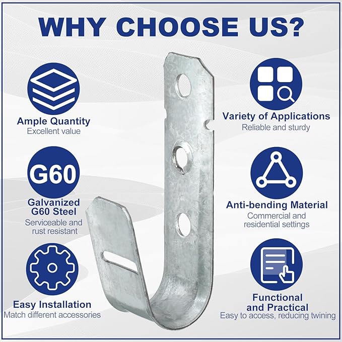 Gisafai J Hooks for Hanging, Heavy Duty J Hooks, Metal Cable Hook for Wire Management, Ul Certification, G60 Galvanized Steel(3/4 Inch)