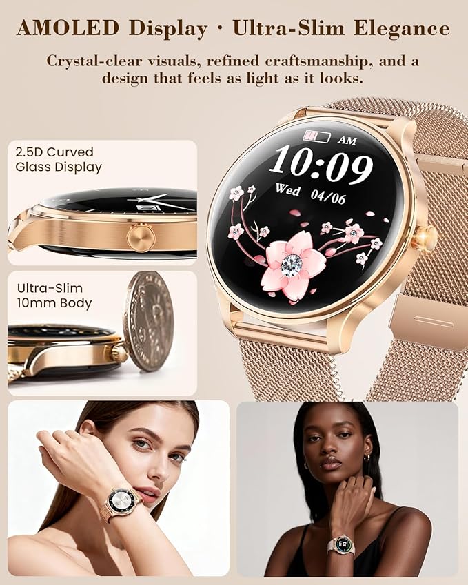 WalkerFit Smart Watch for Women 2025, 1.43" AMOLED, Bluetooth Call, Wireless Magnetic Charging, Female Health Tracker, 120+ Sport Modes, IP68 Waterproof Fitness Smartwatch for Android iOS (Pink)