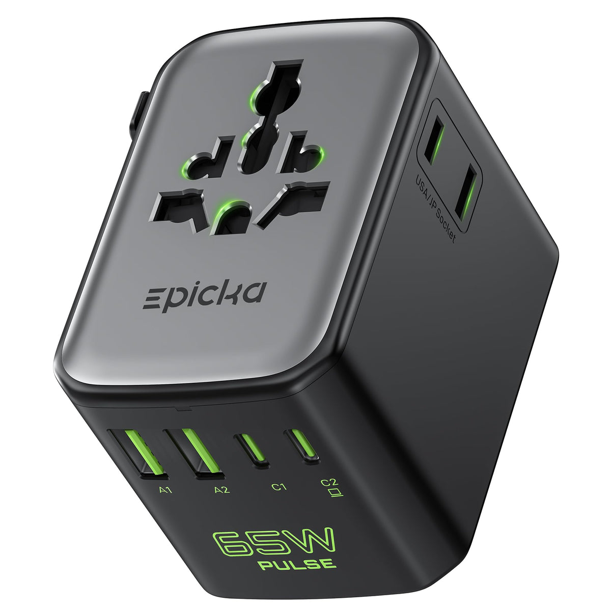 Epicka Pulse Duo 65W Universal Travel Adapter PD/QC 3.0, 2AC/2USB-C/2USB-A