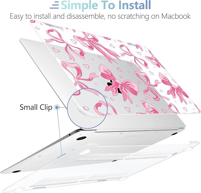 MEEgoodo for MacBook Air 13.3 inch Case 2021 2020 2019 2018 A2337 M1 A2179 A1932, Laptop Shell for MacBook Air M1 with Keyboard Webcam Cover & Trackpad Film & Type C Adapter,Pink Bow & Rainbow Striped