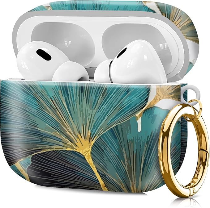 Compatible with Airpod pro 2nd/1st Generation Case Cover with Gold Round Keychain Cute Pattern Hard & Anti Slip Cover for Men Women & Girls（Green Lotus Leaf）