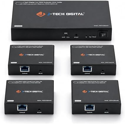 J-Tech Digital HDMI Extender Splitter 1x4 Over Single Cat5e/6 Ethernet Cable Up To 164ft. Supports PoC HDMI Loopout IR Control EDID Switch