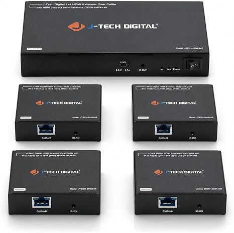 J-Tech Digital HDMI Extender Splitter 1x4 Over Single Cat5e/6 Ethernet Cable Up To 164ft. Supports PoC HDMI Loopout IR Control EDID Switch