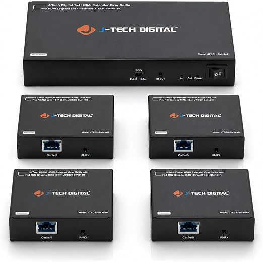 J-Tech Digital HDMI Extender Splitter 1x4 Over Single Cat5e/6 Ethernet Cable Up To 164ft. Supports PoC HDMI Loopout IR Control EDID Switch