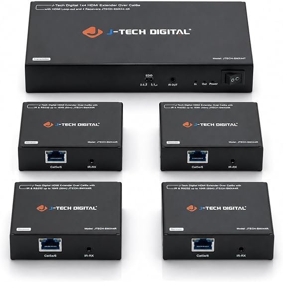 J-Tech Digital HDMI Extender Splitter 1x4 Over Single Cat5e/6 Ethernet Cable Up To 164ft. Supports PoC HDMI Loopout IR Control EDID Switch