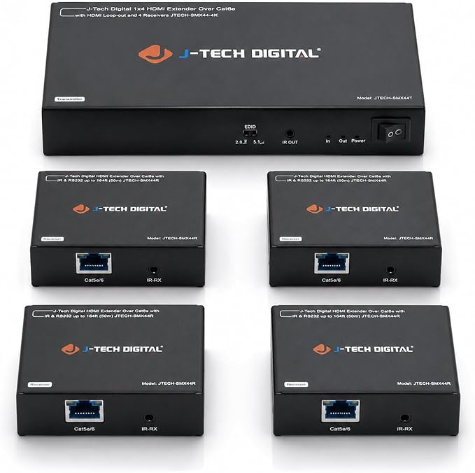J-Tech Digital HDMI Extender Splitter 1x4 Over Single Cat5e/6 Ethernet Cable Up To 164ft. Supports PoC HDMI Loopout IR Control EDID Switch