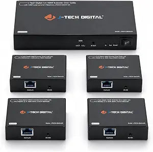 J-Tech Digital HDMI Extender Splitter 1x4 Over Single Cat5e/6 Ethernet Cable Up To 164ft. Supports PoC HDMI Loopout IR Control EDID Switch