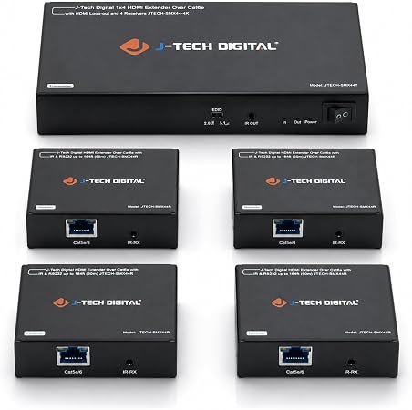 J-Tech Digital HDMI Extender Splitter 1x4 Over Single Cat5e/6 Ethernet Cable Up To 164ft. Supports PoC HDMI Loopout IR Control EDID Switch