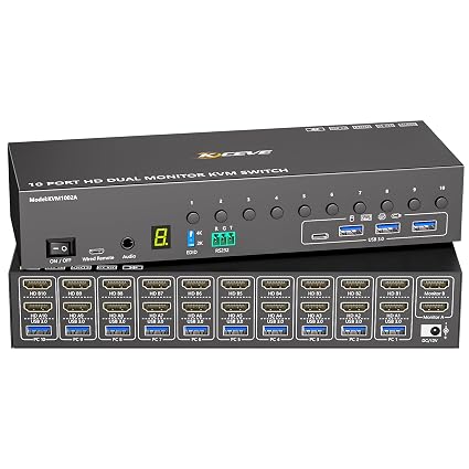 10 Port HDMI KVM Switch 2 Monitors 10 Computers 4K@60Hz EDID Simulation,Dual Monitor KVM Switch with 4 USB 3.0 Ports for Keyboard Mouse Printer,Audio RS232,with Controller,12V Power and 10 USB Cables