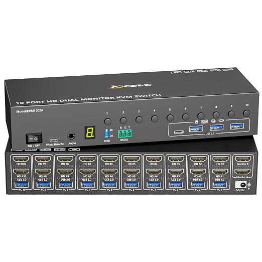 10 Port HDMI KVM Switch 2 Monitors 10 Computers 4K@60Hz EDID Simulation,Dual Monitor KVM Switch with 4 USB 3.0 Ports for Keyboard Mouse Printer,Audio RS232,with Controller,12V Power and 10 USB Cables