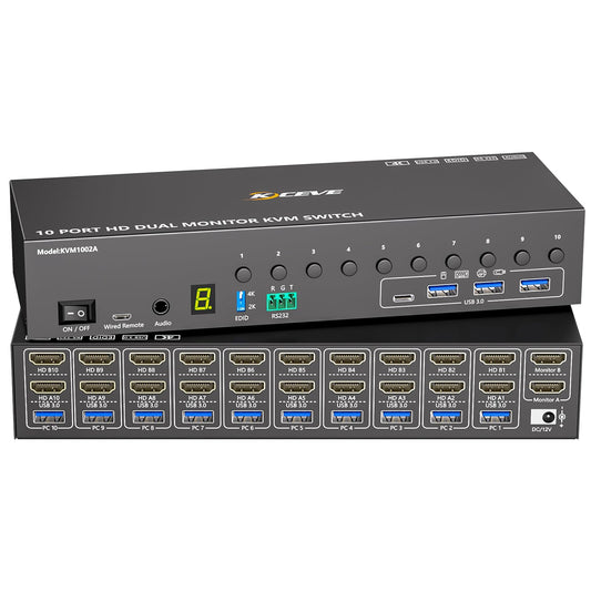 10 Port HDMI KVM Switch 2 Monitors 10 Computers 4K@60Hz EDID Simulation,Dual Monitor KVM Switch with 4 USB 3.0 Ports for Keyboard Mouse Printer,Audio RS232,with Controller,12V Power and 10 USB Cables