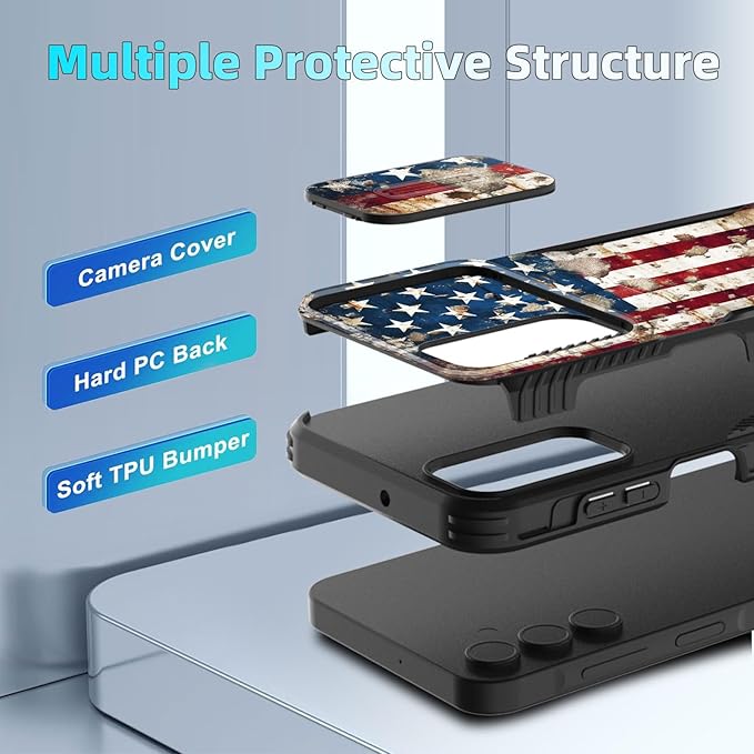for Galaxy A16 5G Case Built in Slide Camera Lens Cover,Heavy Duty Shockproof Protection Dual Layer Case for Samsung Galaxy A16 5G 6.7" 2024,Rustic American Flag