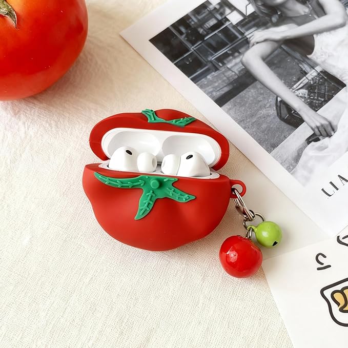 for AirPods Pro 3 Case 2025 - Cute Kawaii Soft Silicone Shockproof Protective Cover, 3D Cartoon Fruit Tomato Funny Design with Keychain for Girls Women Boys