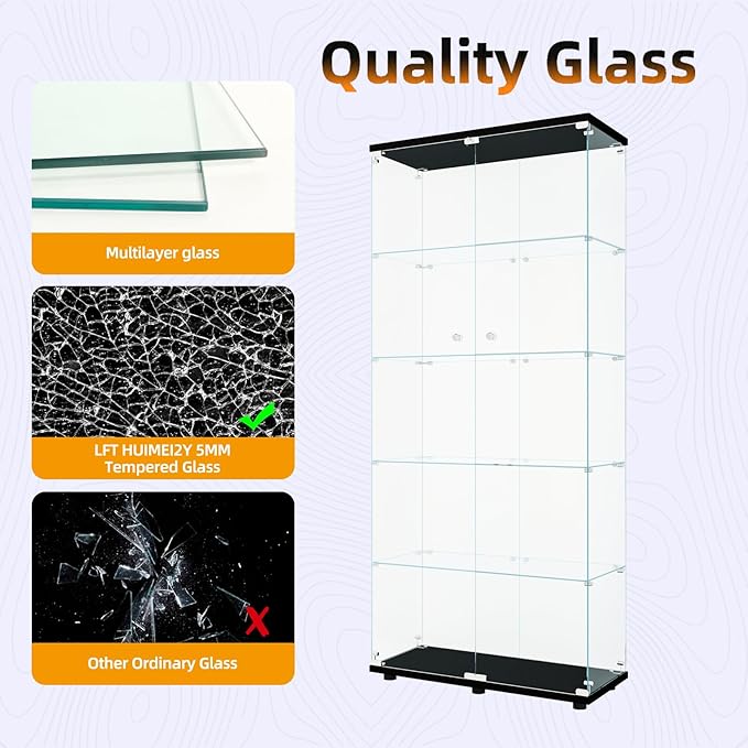 LFT HUIMEI2Y Glass Display Cabinet 5-Shelf with 2 Doors and Lock, Curio Cabinets Upgraded Quick-Install Style 5mm Tempered Glass Floor Standing Bookshelf for Living Room, Bedroom, Kitchen Black