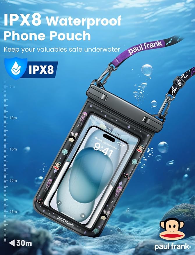 Paul Frank Waterproof Phone Pouch Floating, 2 Pack IPX8 Waterproof Phone Case with Lanyard for iPhone 17 16 15 14 Pro Max Galaxy S25 S24, Cellphone Dry Bag Beach Cruise Ship Essentials(up to 8.5")
