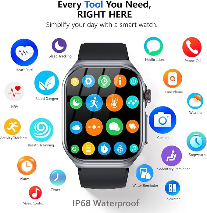 Health Smart Watches for Men Women - 1.87'' Large Display Fitness Trackers Watch with Heart Rate, Blood Pressure, Blood Oxygen, Sleep & Stress Track, 110+ Sports Modes, IP68 Waterproof Watch,Black