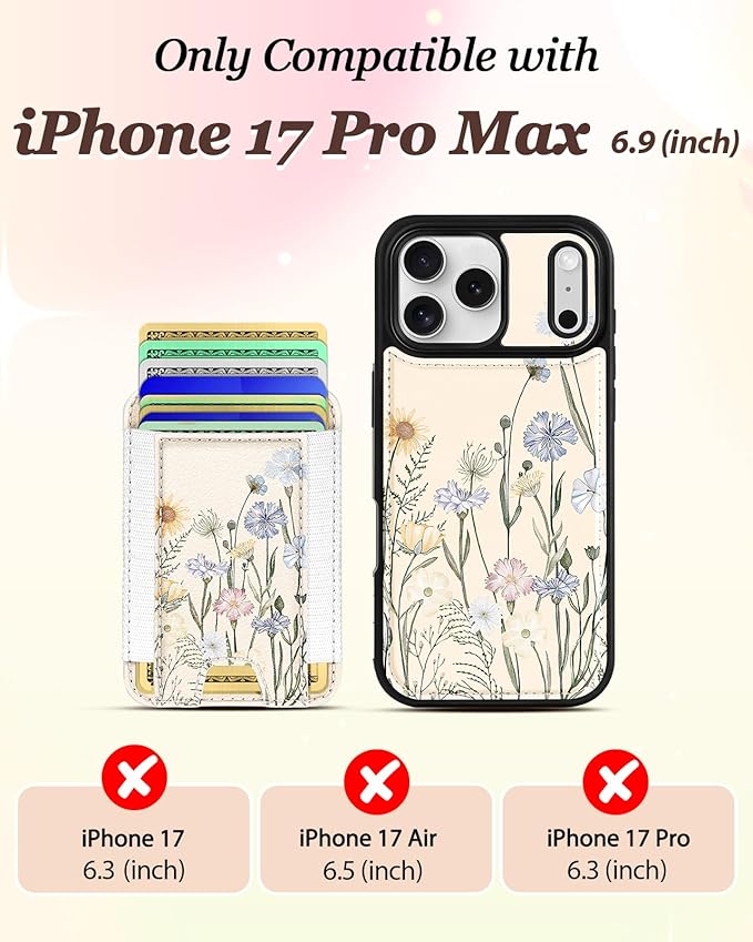 Shorogyt for iPhone 17 Pro Max Case Wallet - Fits 5 Cards, Compatible with Magsafe Magnetic Credit Card Holder Leather Cardholder Cute Phone Cover Women Girls for Apple 17 ProMax, Color Flower