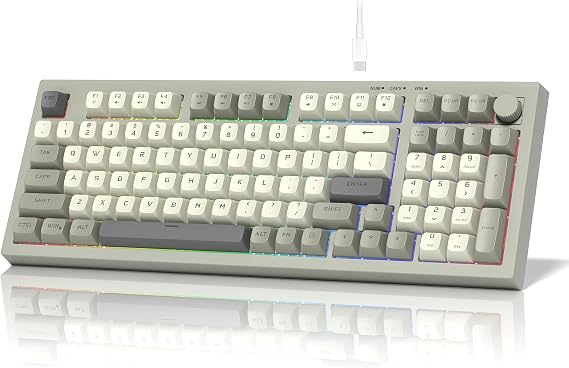 womier DK98 Retro Wired Gaming Keyboard Creamy Membrane with Rainbow RGB Backlight - Quiet,Volume Knob,PBT Keycap 97 Key ANSI Layout Compatible with Windows 10/8.1/8/7 (Grey)