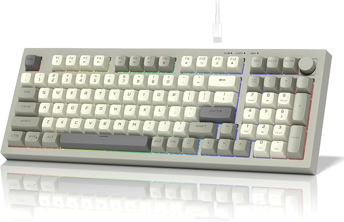 womier DK98 Retro Wired Gaming Keyboard Creamy Membrane with Rainbow RGB Backlight - Quiet,Volume Knob,PBT Keycap 97 Key ANSI Layout Compatible with Windows 10/8.1/8/7 (Grey)