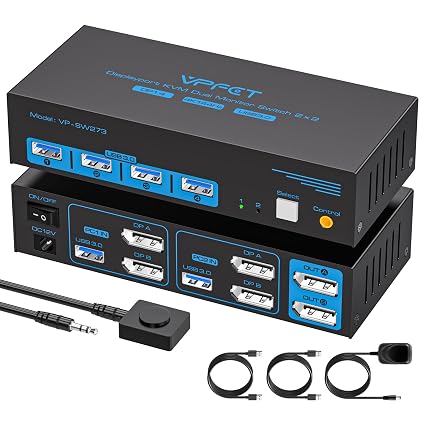 4K@144Hz KVM Switch 2 Monitors 2 Computers Display Port 8K@60Hz USB 3.0 KVM Switch Dual Monitor for 2 Computers Share 2 Monitors and 4 USB Devices Support Extended/Copy Mode with Desktop Controller