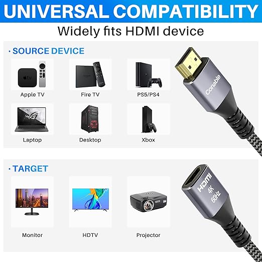 4K HDMI Extension Cable (2 Pack 0.6FT+ 0.6FT), HDMI 2.0 Braided Extender Male to Female Cord, Pure Copper 3D 4K@60Hz 2160p 1080p HDR HDCP 2.2 ARC (with Ties, U Nails, 2 HDMI Adapters)-0.6 Feet-2 Pack